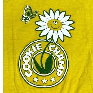 Vtg Cookie Champ T-Shirt L Yellow Tee Daisy Butterfly Hippie 1970s Flower Power